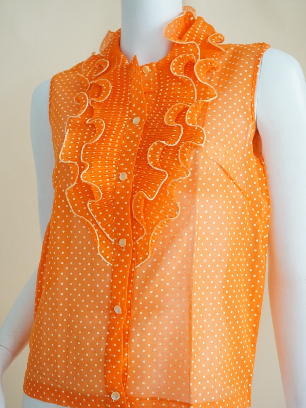 Collegiana Vintage 70's  Polka Sheer Ruffle Neck Blouse ILGWU- Size 34